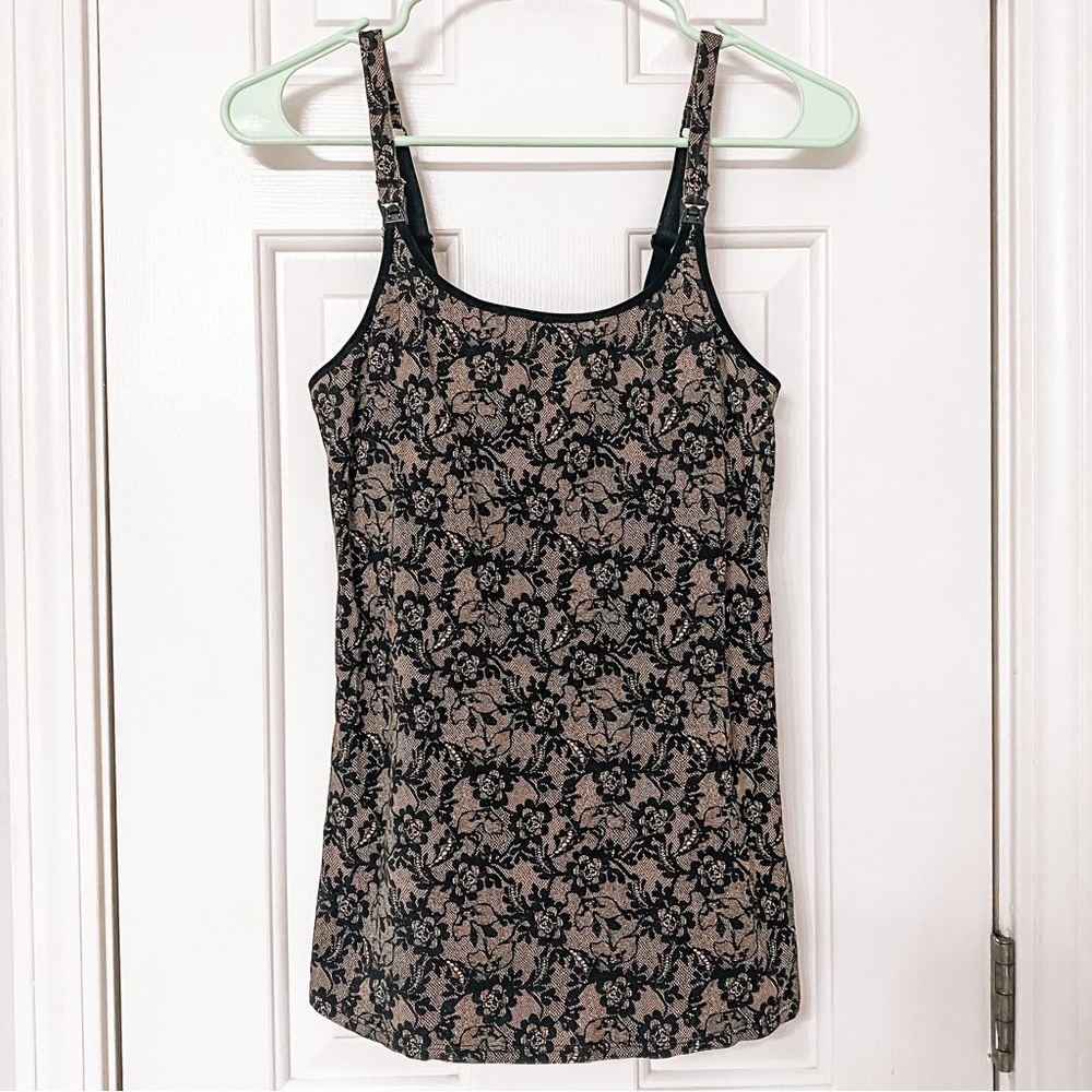 GILLIGAN & O’MALLEY • Black + Nude Pink Lace Print Nursing Cami Tank Top